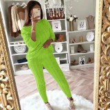 Plus Size Solid Long Sleeve Sweater Two Piece Pants Set GBLH-1118#