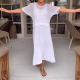 Plus Size Solid Color Hollow Out Dress Knits Two Piece Set GBLH-9009#