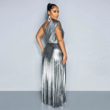 Fashion Slant Neck Sleeveless Slim Pleated Dress YF-10693