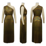 Fashion Slant Neck Sleeveless Slim Pleated Dress YF-10693
