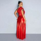 Fashion Slant Neck Sleeveless Slim Pleated Dress YF-10693