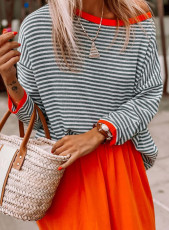 Stripe Contrast Color Drop Shoulder Long Sleeve Sweater GBLH-9020#
