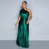 Fashion Slant Neck Sleeveless Slim Pleated Dress YF-10693