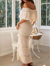 Fashion Knits Hollow Out Tie Shawl Long Dress GBLH-131575#