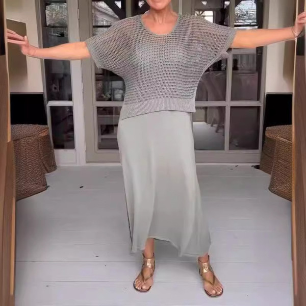 Plus Size Solid Color Hollow Out Dress Knits Two Piece Set GBLH-9009#