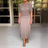Plus Size Solid Color Hollow Out Dress Knits Two Piece Set GBLH-9009#