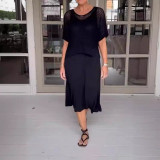 Plus Size Solid Color Hollow Out Dress Knits Two Piece Set GBLH-9009#