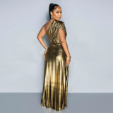 Fashion Slant Neck Sleeveless Slim Pleated Dress YF-10693