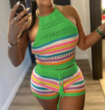 Sexy Backless Halter Tight Knits Shorts Suit GBLH-98156#