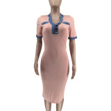 Denin Patchwork Solid Color Midi Dress WAF-77672