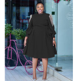 Plus Size Polka Dot Mesh Patchwork Lantern Sleeve Midi Dress NNWF-8045