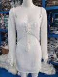 Beach Knit Hollow Out Long Sleeve Mini Dress GBLH-9015#