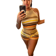 Sexy Backless Halter Tight Knits Shorts Suit GBLH-98156#
