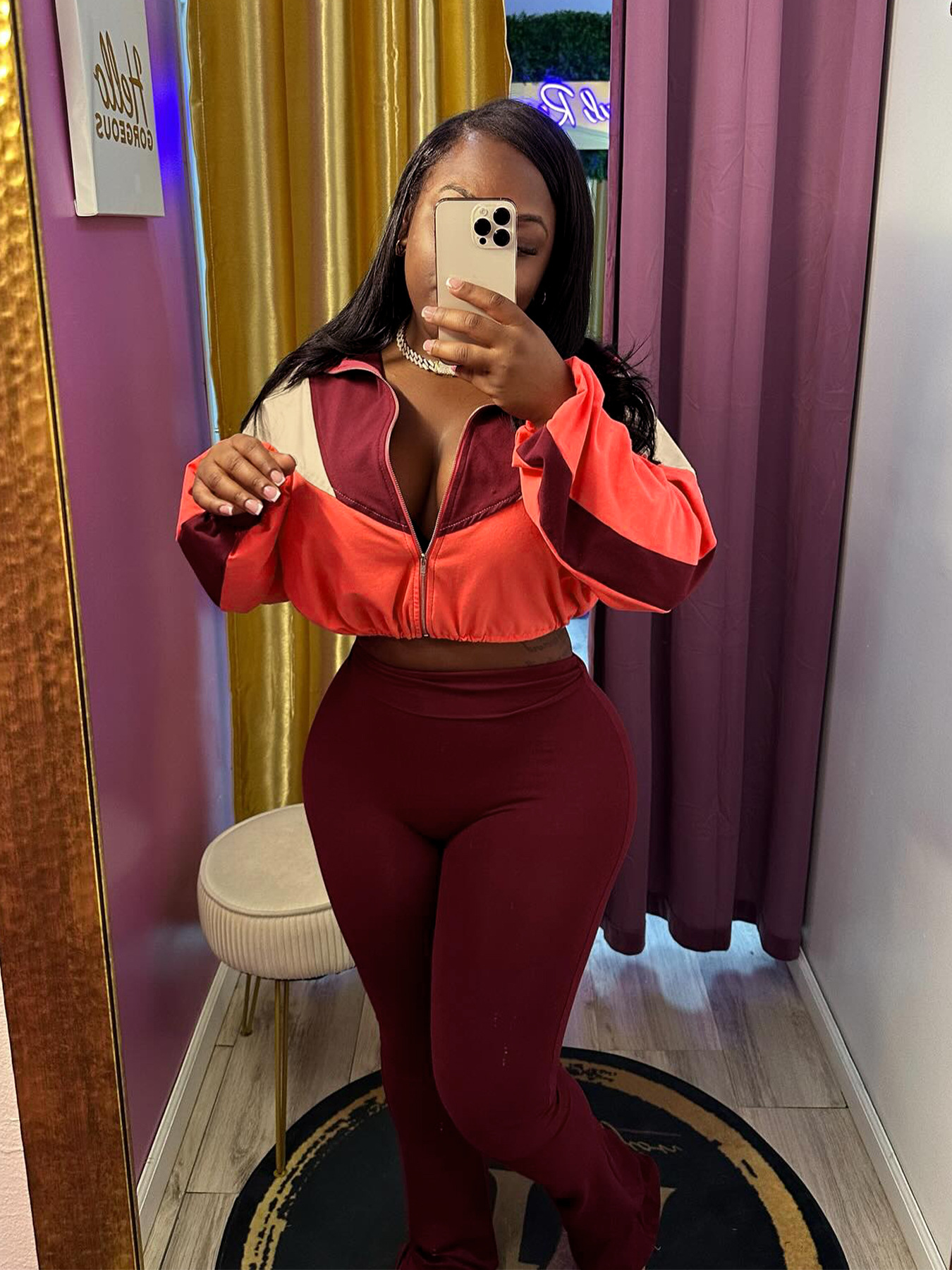 2026 Color Block Long Sleeve Micro Flare Pants Suit CH-24060 | DF - www ...