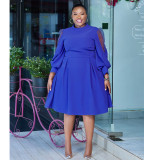 Plus Size Polka Dot Mesh Patchwork Lantern Sleeve Midi Dress NNWF-8045