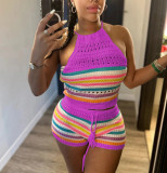 Sexy Backless Halter Tight Knits Shorts Suit GBLH-98156#