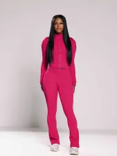Solid Color Tight Long Sleeve Micro Flare Pants Suit CH-24057