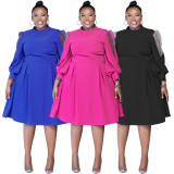 Plus Size Polka Dot Mesh Patchwork Lantern Sleeve Midi Dress NNWF-8045