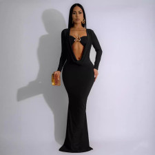 Deep V Neck Pleated Long Sleeve Maxi Dress SFY-570