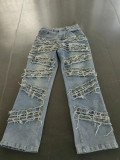 Denim Stacked Ripped Washed Tassel Jeans GSMJ-6956