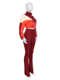 Color Block Long Sleeve Micro Flare Pants Suit CH-24060