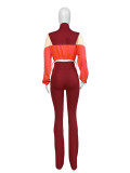 Color Block Long Sleeve Micro Flare Pants Suit CH-24060