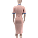 Denin Patchwork Solid Color Midi Dress WAF-77672