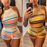Sexy Backless Halter Tight Knits Shorts Suit GBLH-98156#