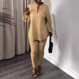 V-neck Lantern Sleeve Split Shirts Pants Suit NY-10900
