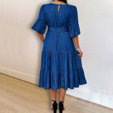 Plus Size Fashion Denim Puff Sleeve Midi Dress GDAM-218622