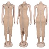 Hot Drill Halter Sleeveless Split Midi Dress NY-3277