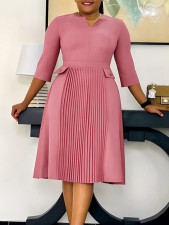 Solid Color 3/4 Sleeve Press Pleated Midi Dress GMLF-3295