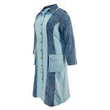 Plus Size Denim Patchwork Lapel Long Sleeve Long Dress GDAM-218539