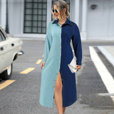 Denim Color Block Long Sleeve Maxi Dress GDAM-218550