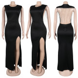 Solid Color Backless Split Maxi Dress NY-3278