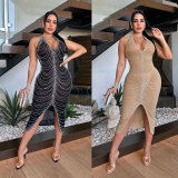 Hot Drill Halter Sleeveless Split Midi Dress NY-3277