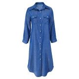 Plus Size Single-breasted Long Sleeve Denim Maxi Dress GDAM-218626