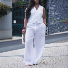 Solid V Neck Vest Wide Leg Pants 2 Piece Set NY-10896
