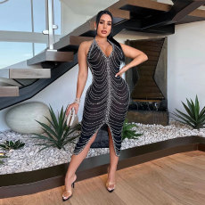 Hot Drill Halter Sleeveless Split Midi Dress NY-3277