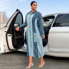 Plus Size Denim Patchwork Lapel Long Sleeve Long Dress GDAM-218539