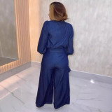 Tied Lantern Sleeve Shirt Wide Leg Pants Two Piece Set NY-3289