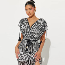 Zebra Print Short Sleeve V-Neck Split Nightclub Dress MUE-8068