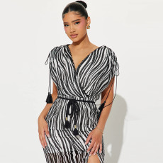 Zebra Print Short Sleeve V-Neck Split Nightclub Dress MUE-8068