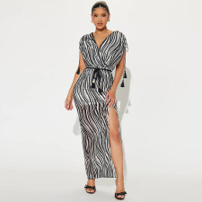 Zebra Print Short Sleeve V-Neck Split Nightclub Dress MUE-8068