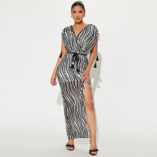 Zebra Print Short Sleeve V-Neck Split Nightclub Dress MUE-8068
