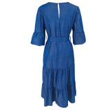 Plus Size Fashion Denim Puff Sleeve Midi Dress GDAM-218622