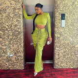 Solid Color Pleated Drawstring Long Skirt Suit MUE-M8075
