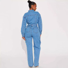 Long Sleeve Multi-Pocket Washed Denim Jumpsuit GKNF-3570