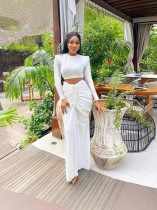 Solid Color Pleated Drawstring Long Skirt Suit MUE-M8075