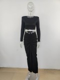 Solid Color Pleated Drawstring Long Skirt Suit MUE-M8075